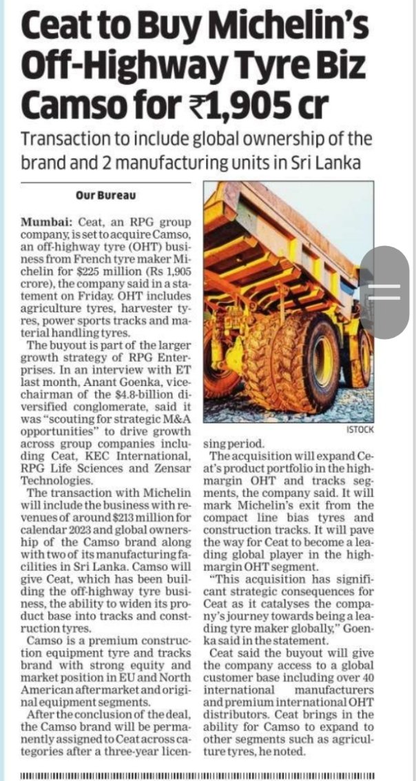 Ashishkafunda's tweet photo. #CEAT, an RPG Group company, is set to acquire #Michelin's off-highway tyre ( OHT ) business, Camso, for ₹1,905 crore ( $225 million ). This deal includes global ownership of the #Camso brand and two manufacturing units in Sri Lanka. OHT comprises tyres for agriculture, harvesters, sports tracks, and material handling.
Key points -
The acquisition aligns with RPG Enterprises' growth strategy.
Camso is a leading brand in construction equipment and tracks, strong in Europe and North America.
The deal brings Ceat access to a global customer base, enhancing its position in premium #OHT markets.
#Michelin will exit the compact line bias tyre and construction tracks segment.
This move is expected to elevate Ceat as a global player in the OHT segment. 🌍✨
#RPG
#NorthAmerica
