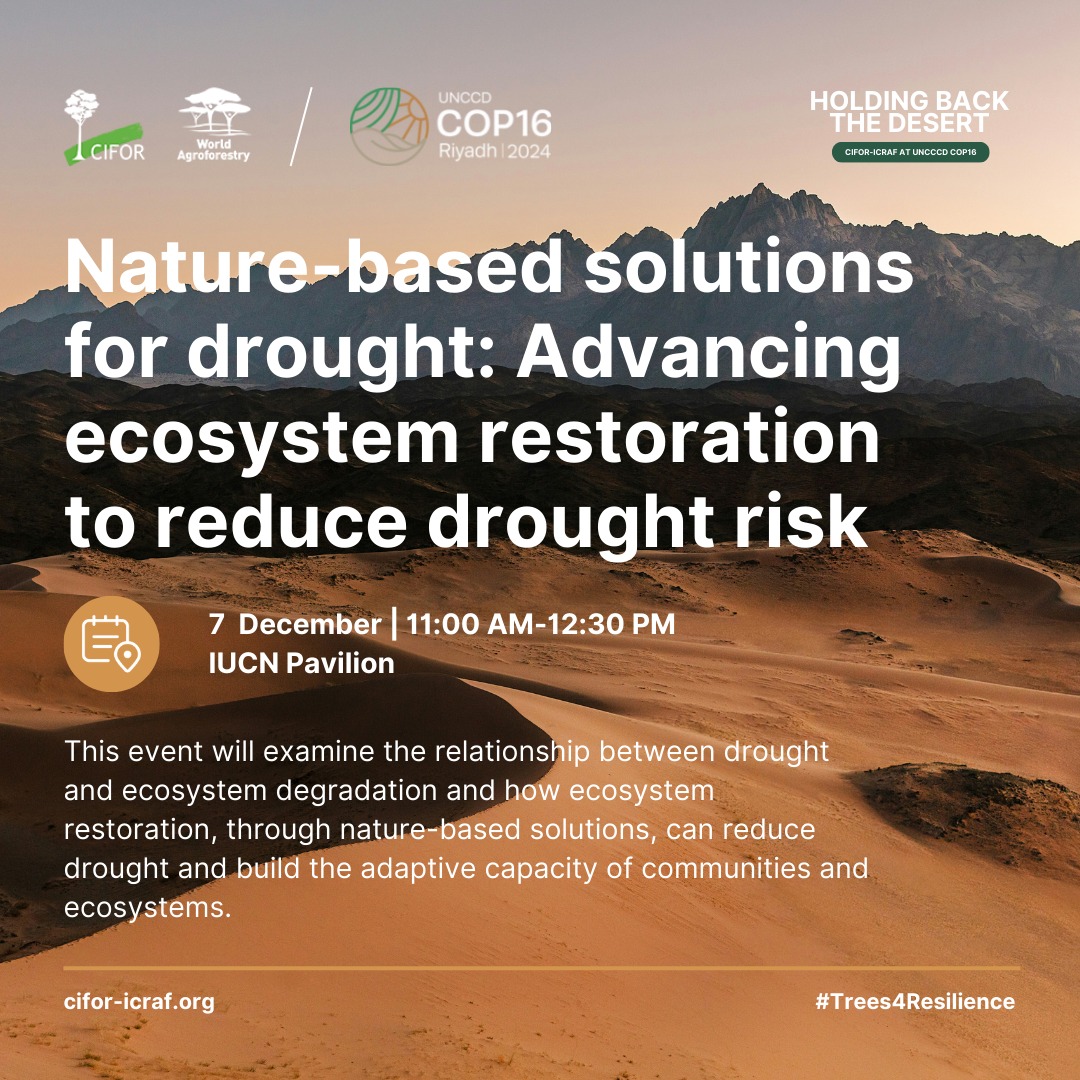 TheLandAlliance's tweet photo. How can we address drought and ecosystem degradation together? Find out in this must-attend session at #COP16Riyadh.

📚 Featuring the launch of IUCN’s latest publication.

🎤 Speaker: Ermias Betemariam, Land Health Scientist, CIFOR-ICRAF

📅 When: Today | 11:00 AM
📍 Where: @IUCN Pavilion

#Trees4Resilience
