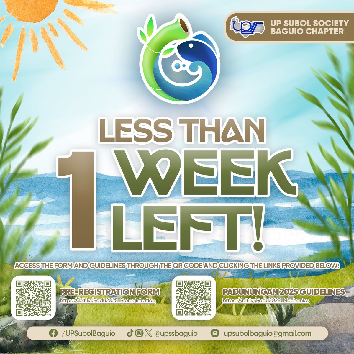 upssbaguio's tweet photo. PADUNUNGAN 2025 CALL FOR REGISTRANTS 💧🌿

Time is running out! There’s still less than a week before our pre-registration form closes on December 13, 2024! The clock is ticking, Kabaleyans ⌛ https://t.co/aNHRt0G9HV