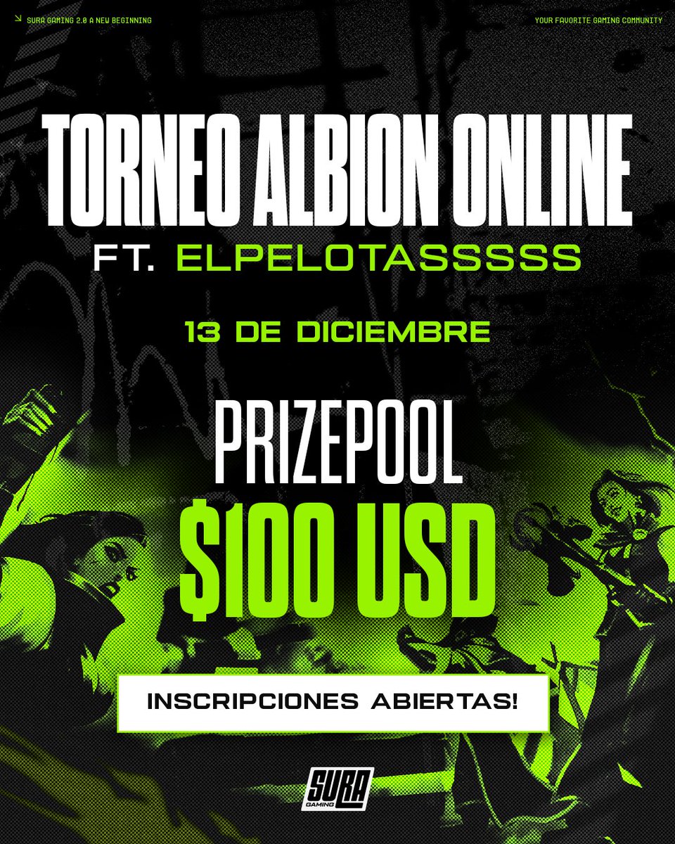 Inscripciones Abiertas!

El próximo 📆 Viernes 13 de Diciembre arranca el torneo de <a href="/albiononline/">Albion Online</a> ft. <a href="/damian_liway/">ElPelotasssss</a> 🏆

Te dejamos el forms para que puedas anotarte y competir por los $100 USD de #prizepool! 

📝 bit.ly/3Df3WJp