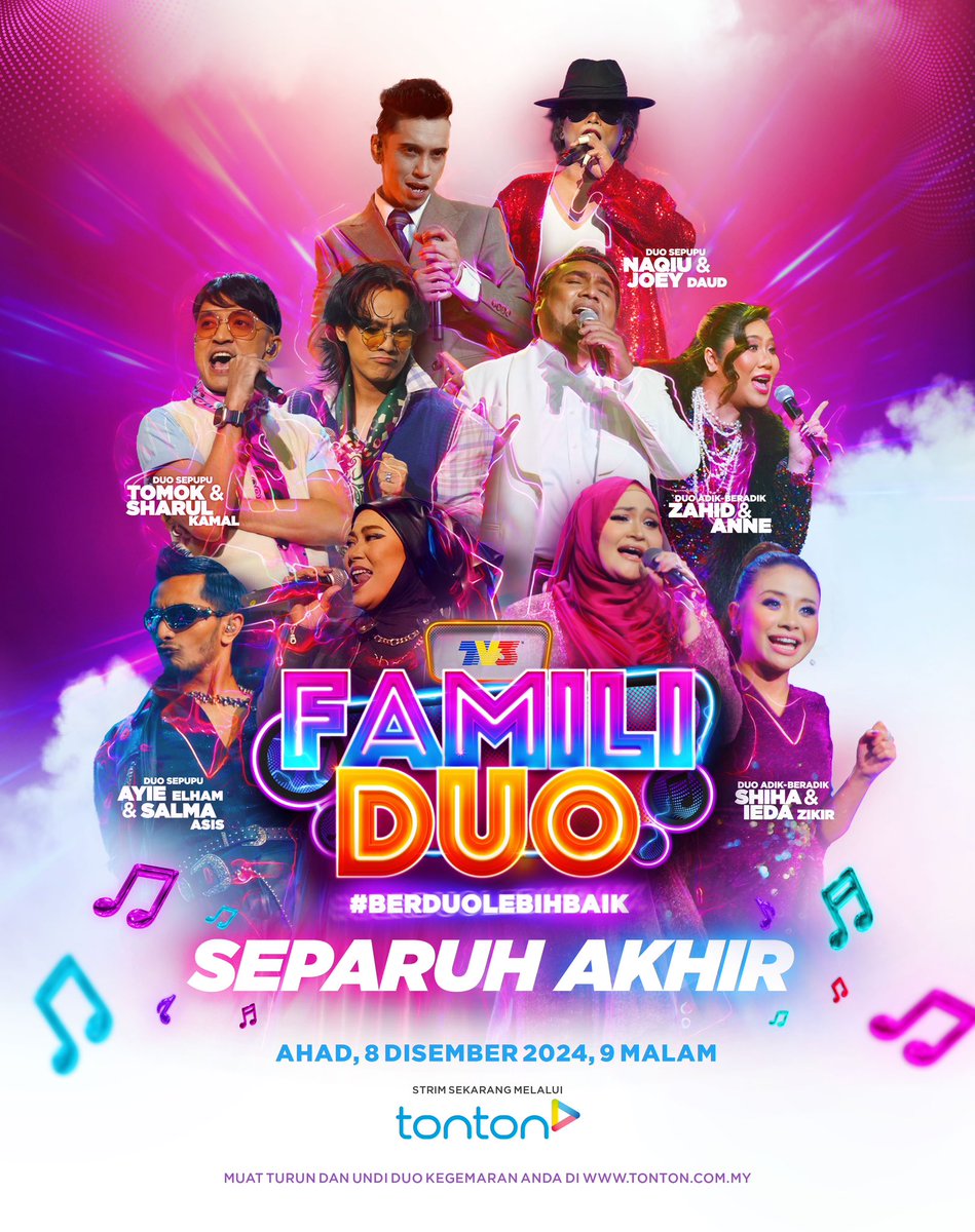 tv3malaysia's tweet photo. Separuh akhir Famili Duo. Duo mana yang akan mara ke pentas akhir? Nantikan! ✨

FamiliDuo | Setiap Ahad | 9 malam di TV3!

Korang jangan lupa subscribe Tonton untuk mengundi Duo pilihan korang sebanyak 50 kali hingga ke 300 kali seminggu tau! Korang juga berpeluang untuk menang Samsung Smart TV 65 inci!!! 😍

Berduo Lebih Baik!

#FamiliDuo
#BerduoLebihBaik