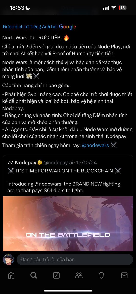 ngocbich1989's tweet photo. Kèo #Nodepay đã chính thức thông báo sẽ lọc Sybill bằng #Nodewar trên Telegram 👇👇
👉Link tham gia: https://t.co/iGD6T6eYyz
👉Đăng nhập rồi kết nối hết tài khoản email, discord, X mà anh em đã đăng ký #Nodepay trên wed nhé
👉Sau đó là làm những task Social và chơi game của nó. Làm đại đại cho nó duyệt mình là con người là ok rồi
👉Chơi đến đây rồi thì cái phần quan trọng nhất bỏ qua là hỏng ăn toàn bộ ngay. Cố gắng thấy bài này thì làm nhé anh em