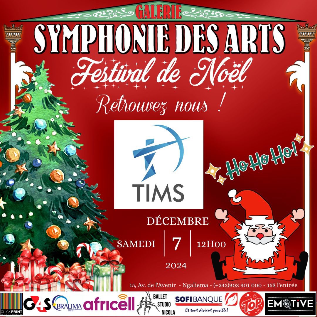timscongo's tweet photo. 🎄 Retrouvez TIMS au Festival de Noël à la Symphonie des Arts ! 🎅

📅 Date : Samedi 7 décembre 2024
🕛 Heure : À partir de 12h00
📍 Lieu : 15, Avenue de l’Avenir, Ngaliema

🎁 Au programme :
✨ Ambiance festive
🎨 Décorations féeriques
🎅 Activités pour petits et grands https://t.co/ziBJvWZa9U