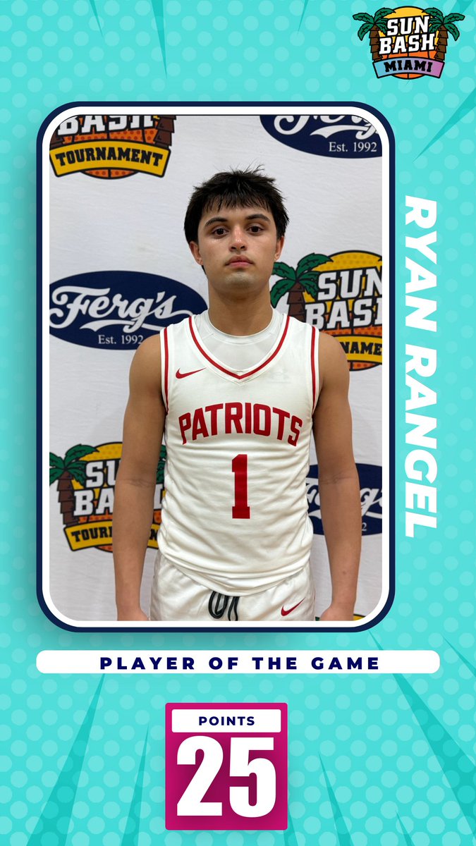 Game 2: <a href="/sunbashtourney/">Sun Bash</a> Miami

Players of The Game

Left: 2028 G Tai Bell was electric all game long with 34 pt. Hitting big jumpers &amp; finishing at the rack. Major freshman prospect w/a scoring prowess

Right: 2025 G Ryan Rangel was hitting big jumpers. Clutch &amp; skilled prospect