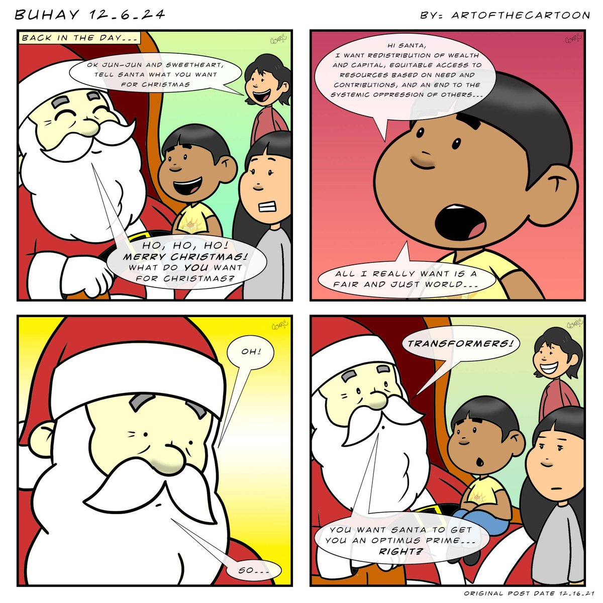 artofthecartoon's tweet photo. Buhay 12.6.24. Meeting Santa back in the day, I’m reposting an old Xmas 🎄 comic from 2021, but it’s still relevant today ✊🏽 #art #comics #buhay #cncbuhay #filipino #filipinoamerican #funny #redistributewealth #endsystemicoppression #backintheday #repost #whatiwantforchristmas https://t.co/hIsGeaZx3G