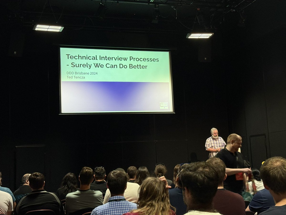 🔥Nodded in agreement for all of <a href="/darthted/">Ted Tencza</a> ‘s #DDDBNE presentation 👏.

✅Candidate care at forefront.
✅Clear expectations, no trick questions. 
✅Make your process relevant &amp; focus it on problem solving. 
✅Help candidates that are stuck.

<a href="/DDDBrisbane/">DDD Brisbane</a>