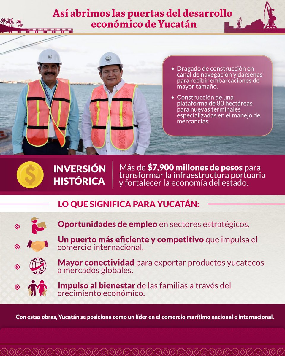 huachodiazmena's tweet photo. ¡El #RenacimientoMaya ya está en marcha! 💪🏻

Con más de 7,900 millones de pesos, la ampliación del Puerto de Progreso transformará a #Yucatán en un eje clave del comercio marítimo, generando empleos y oportunidades.

Gracias, presidenta @Claudiashein, por su compromiso y cariño hacia nuestra tierra.