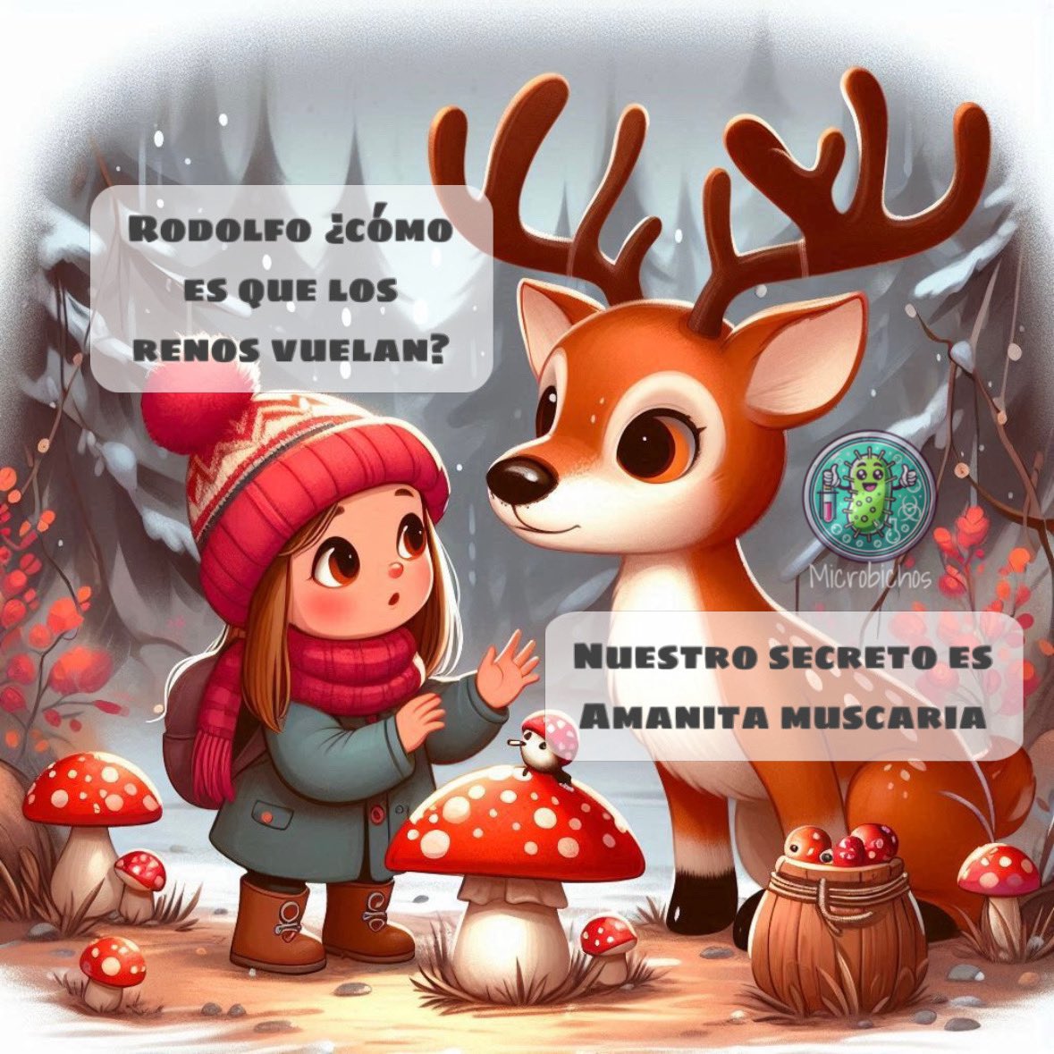 Microbichos's tweet photo. “¿Sabías que los renos consumen el hongo Amanita muscaria y muestran comportamientos eufóricos y extraños, como saltar o correr en círculos? Este fenómeno pudo inspirar la idea de los renos ‘voladores’ de Santa Claus. 🎄🍄 #Curiosidades #Naturaleza” https://t.co/7Us99G0phH