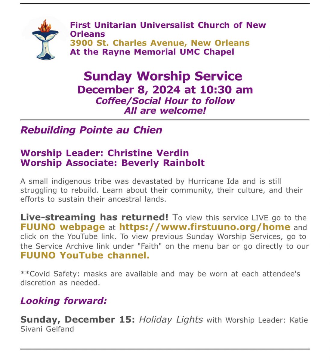 FUUNO's tweet photo. Join us each Sunday morning for services at 10:30 at Rayne Memorial Chapel, 3900 St Charles. This week: Rebuilding Pointe au Chien 
#uuSunday #uuTwitter #uuFaith https://t.co/KgMJYzdFsL