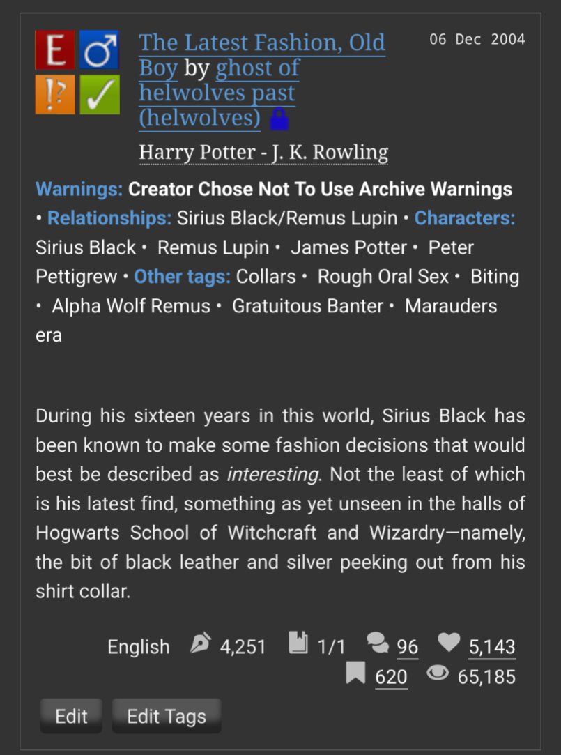 helwolves's tweet photo. So it's the 20TH ANNIVERSARY of my most popular fic from the LJ days (the Remus/Sirius collar fic) and I honestly can't believe how I'm still getting comments on it (reposted to AO3 years ago) but fandom really is amazing. And I still feel cool having been part of pornish_pixies. https://t.co/Q7fUMF6OgG