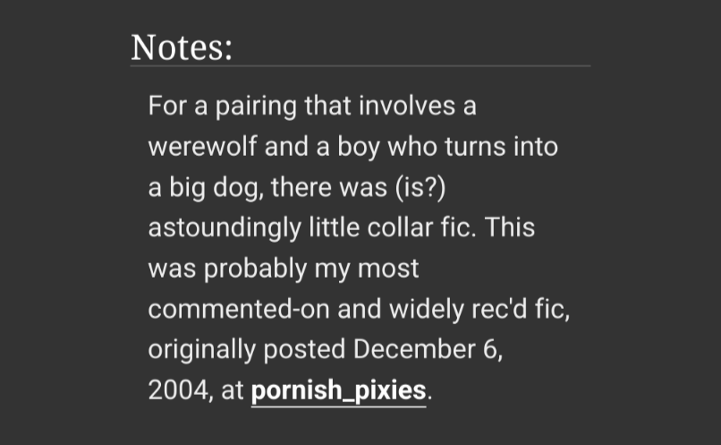 helwolves's tweet photo. So it's the 20TH ANNIVERSARY of my most popular fic from the LJ days (the Remus/Sirius collar fic) and I honestly can't believe how I'm still getting comments on it (reposted to AO3 years ago) but fandom really is amazing. And I still feel cool having been part of pornish_pixies. https://t.co/Q7fUMF6OgG