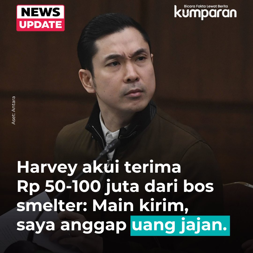 kumparan's tweet photo. Suami Sandra Dewi, Harvey Moeis, mengaku menerima Rp 50 juta hingga Rp 100 juta setiap bulannya, dari Direktur Utama PT Refined Bangka Tin (RBT), Suparta. Harvey menganggap uang itu sebagai uang jajan. 
#newsupdate #update #news #oneliner
https://t.co/N4W9nf7mUC https://t.co/LoAxlnAlSv