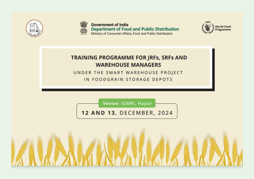 igmrihapur's tweet image. Training Program for SRF, JRF, and Warehouse Managers under the Smart Warehouse Project at Foodgrains Storage Depots, IGMRI, DFPD from 12-13 December 2024 
Enhancing skills for smarter storage solutions! #WorldFoodProgram #UNWFP
#SmartWarehousing #FoodStorage #CapacityBuilding