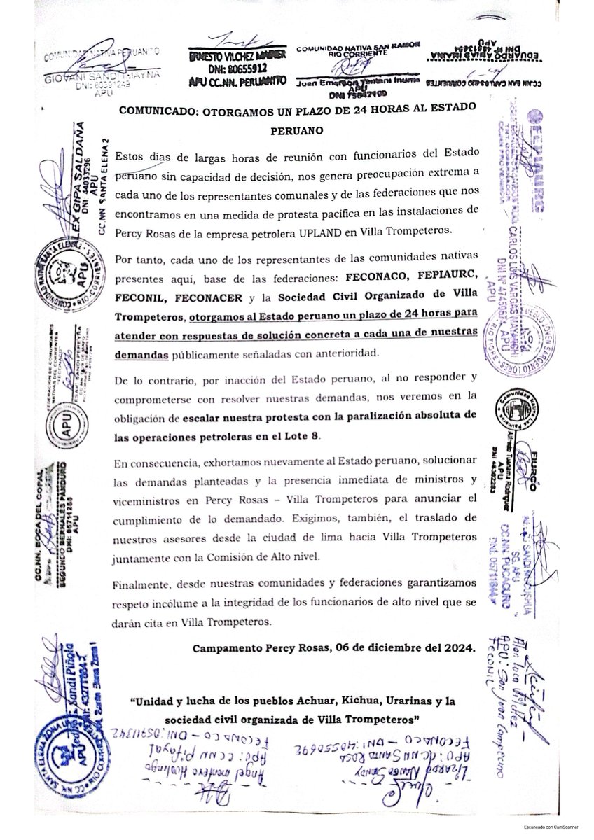 📣#PRONUNCIAMIENTO | Comunidades achuar movilizadas en la cuenca del Corrientes #Loreto, dan plazo de 24 horas al Estado peruano para atender sus demandas. De no obtener respuestas, se intensificará la protesta con la paralización total de las operaciones petroleras del #Lote8.