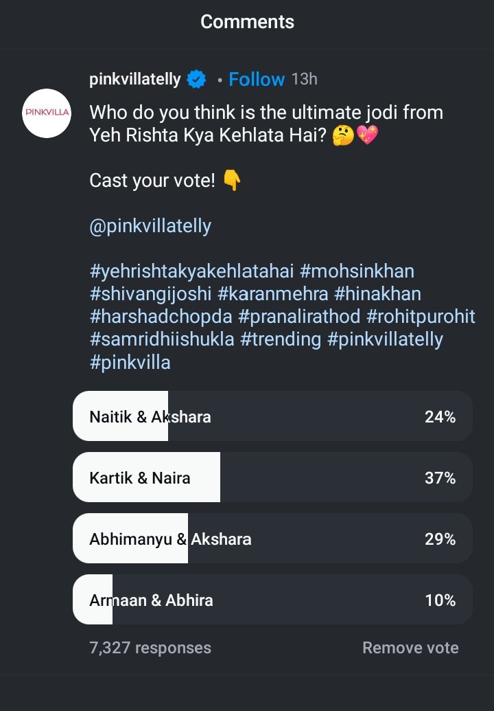 Guys pls go and cast ur for #Kaira or #AbhiRa 
It's on pinkvilla and pinkvillatelly.
I'm a Lil bit biased for kaira so I've voted for kaira.
kuchh v ho jaye kaira n AbhiRa hi winner hone chahiye 
#ShivangiJoshi #MohsinKhan 
#HarshadChopda #PranaliRathod 
#Shivin #Harshali #yrkkh