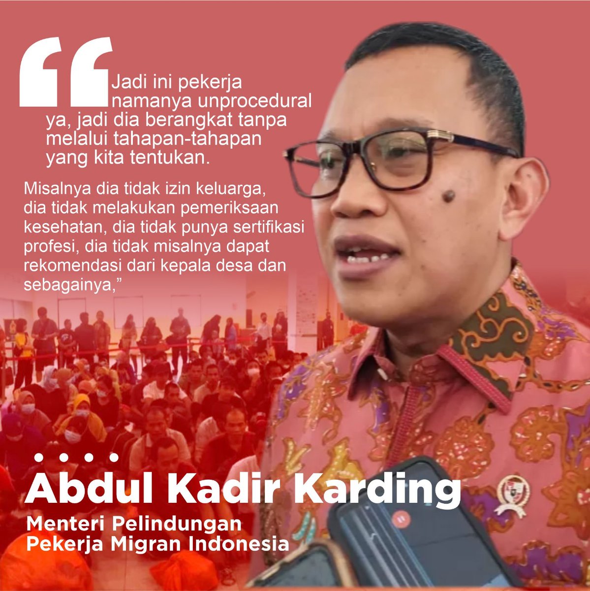 Arin Nabila (@nabilaar__) on Twitter photo Jadi ini pekerja namanya unprocedural ya, jadi dia berangkat tanpa melalui tahapanΒ² yg kita tentukan. Misalnya tdk izin keluarga, dia tidak melakukan pemeriksaan kesehatan, dia tidak punya sertifikasi profesi dan sebagainya,
<a href="/kemenp2mi/">Kementerian Pelindungan Pekerja Migran Indonesia</a>
#MenteriP2MICegahPMIIlegal Jadi ini pekerja namanya unprocedural ya, jadi dia berangkat tanpa melalui tahapanΒ² yg kita tentukan. Misalnya tdk izin keluarga, dia tidak melakukan pemeriksaan kesehatan, dia tidak punya sertifikasi profesi dan sebagainya,
<a href="/kemenp2mi/">Kementerian Pelindungan Pekerja Migran Indonesia</a>
#MenteriP2MICegahPMIIlegal