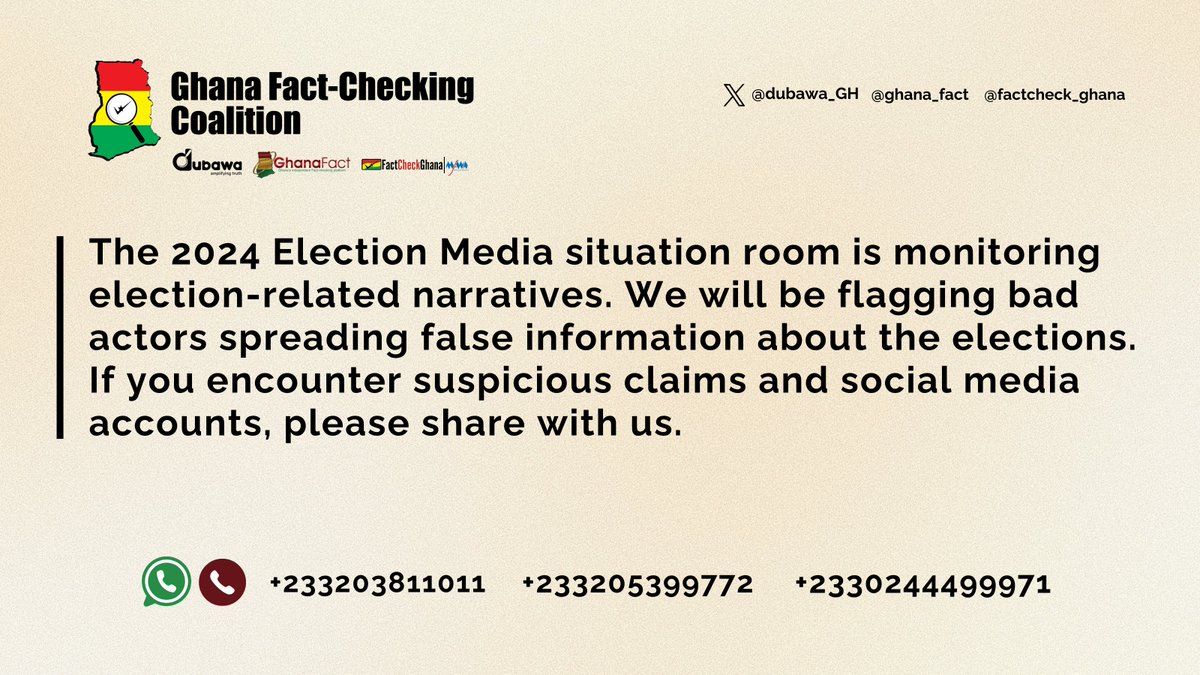 If you see suspicious claims and handles, share with us or tag us.
#VerifyElection2024 #VerifyGHElection2024 #GHFactCheckingCoalition #StopDisinformationGH