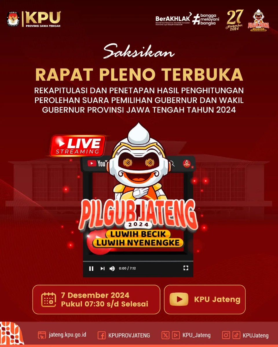 PpsJetak's tweet photo. • Pleno • 7 Desember 2024 • 

Yuk tonton Pleno Terbuka Rekapitulasi dan Penetapan hasil penghitungan Suara Pilkada 2024 Tingkat Provinsi melalui channel YouTube KPU Jateng hari ini. Loossss...

#kpumelayani
#kpujateng
#kpudemak
#pleno https://t.co/ZvFNYyhINw