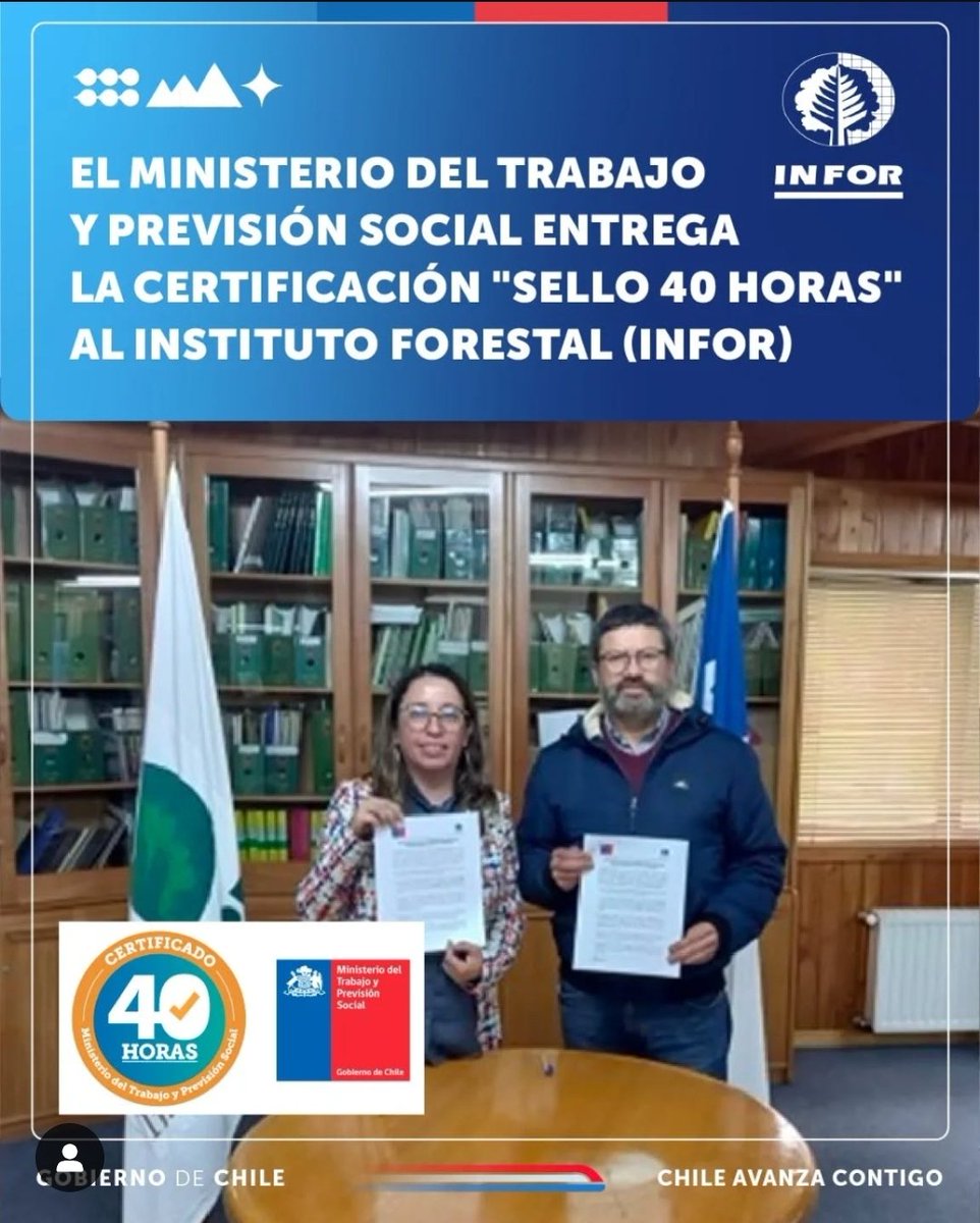 El Ministerio del Trabajo y Previsión Social otorgó al Instituto Forestal (INFOR) la certificación Sello 40 Horas, gracias al acuerdo con el Sindicato de Trabajadores del Instituto Forestal (STI), cumpliendo así con el mandato del Presidente Gabriel Boric.