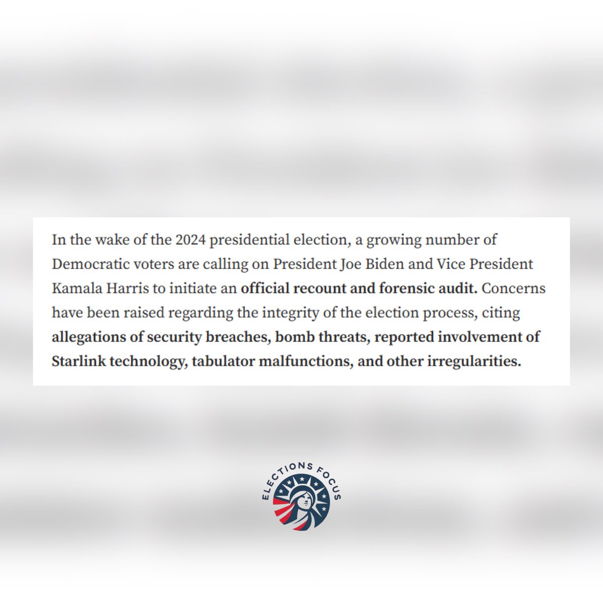 ElectionsFocus's tweet photo. Following the 2024 election, Democratic voters are urging President Biden and Vice President Harris to order a recount and forensic audit, citing concerns over security breaches, tabulator issues, and other irregularities. https://t.co/2nUdUNxk2E