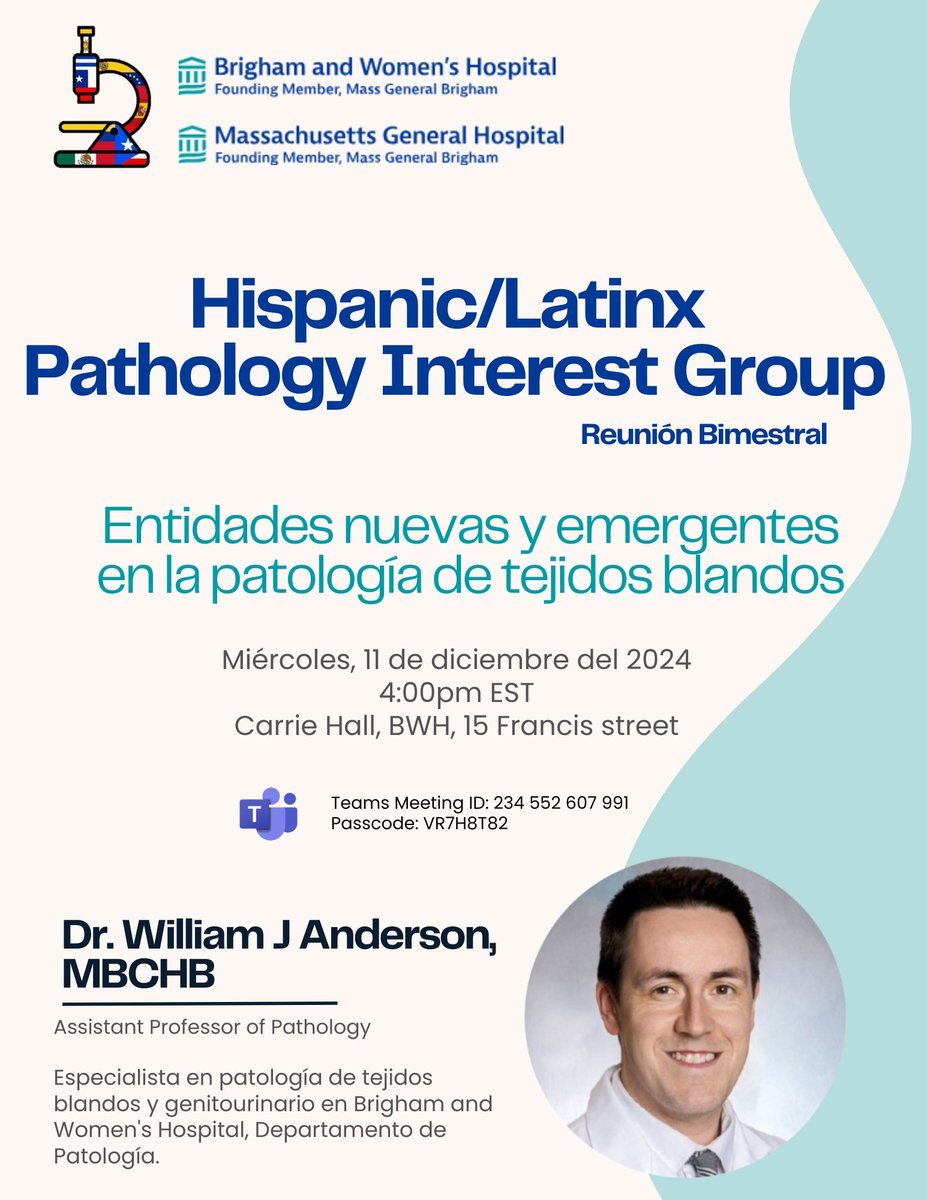 MGH Pathology (@mghpathology) on Twitter photo Latino friends! Join us for the 2nd AY2025 meeting of the Hispanic/Latino Pathology Interest Group (HLPIG), founded by fellows and residents at MGB!
📢 Featuring <a href="/drwillanderson/">Will Anderson</a> from BWH, presenting “New and Emerging Entities in Soft Tissue Pathology”
You don’t want to miss this! Latino friends! Join us for the 2nd AY2025 meeting of the Hispanic/Latino Pathology Interest Group (HLPIG), founded by fellows and residents at MGB!
📢 Featuring <a href="/drwillanderson/">Will Anderson</a> from BWH, presenting “New and Emerging Entities in Soft Tissue Pathology”
You don’t want to miss this!