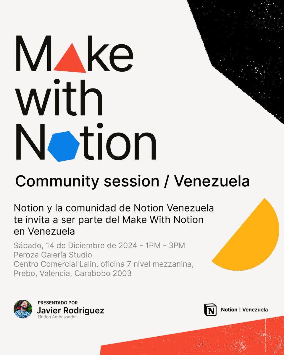 JAVIERRZ19's tweet photo. 🎉 Únete a Make With @NotionHQ en Venezuela!  

Evento presencial gratuito donde exploraremos las últimas novedades, automatizaciones, AI y  @NotionMail 

@NotionVenezuela https://t.co/EDp5YZm7hB