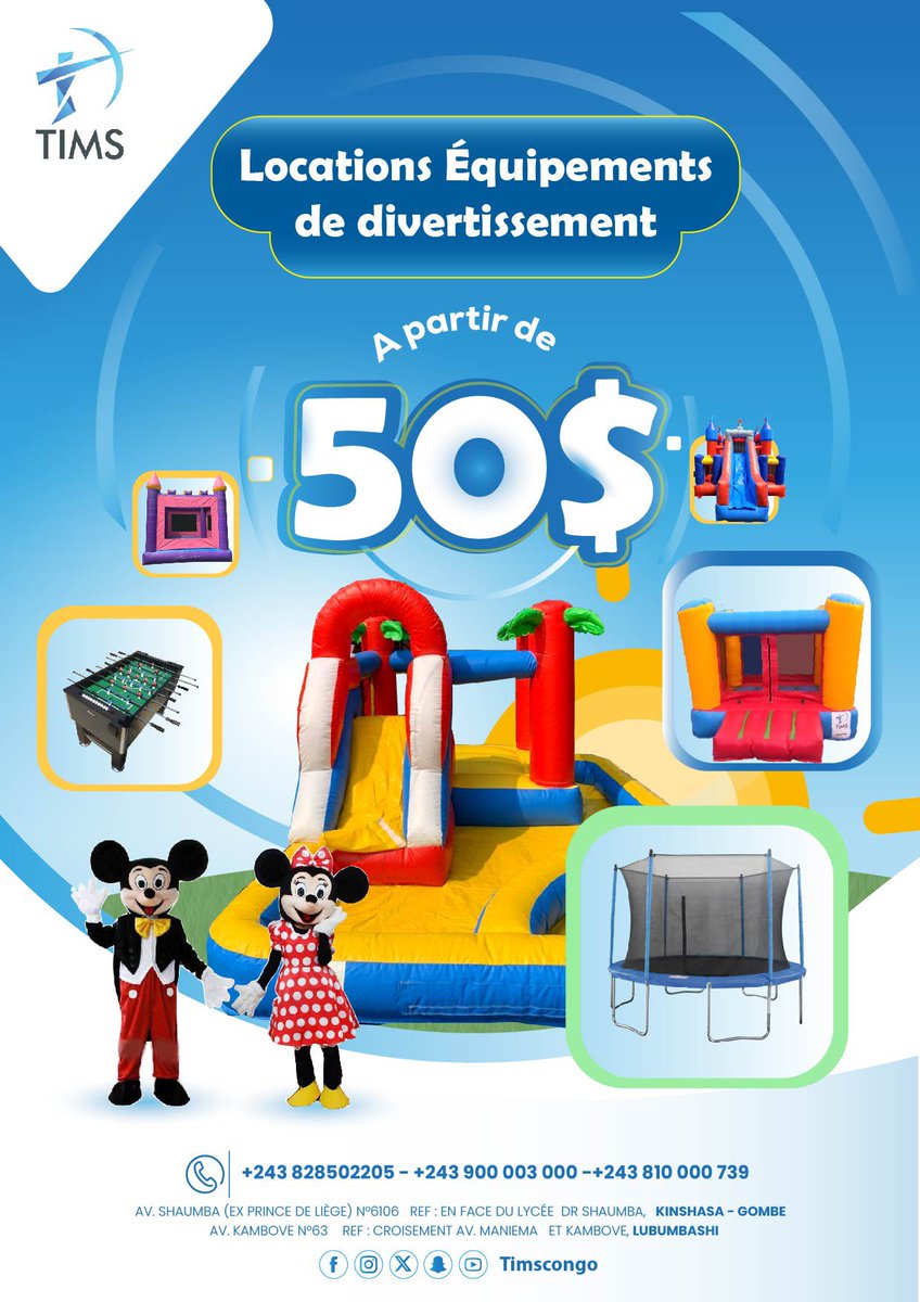 timscongo's tweet photo. Transformez vos événements avec TIMS 🎉 !

Location d’équipements de divertissement dès 50$ : châteaux gonflables, trampolines, baby-foot, et plus !

📍 Kinshasa, Lubumbashi &amp; Kolwezi
📞 +243 828 502 205 | +243 900 003 000 | +243 810 000 739

#TimsCongo #Divertissement https://t.co/CcWZE1mtJx