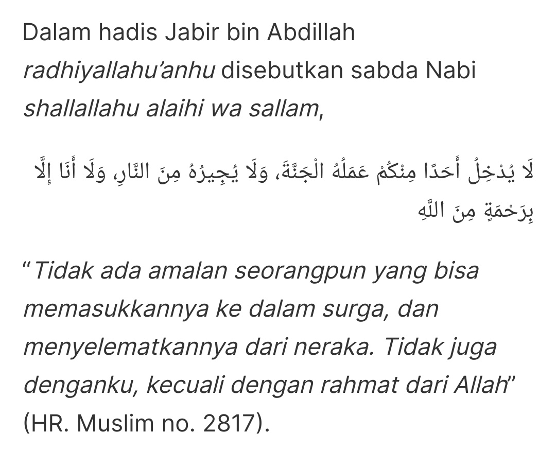 seandre0101's tweet photo. Di Al-Qur'an tertera banyak keterangan bahwa manusia bebas memilih jalan yg mau dia pilih, dan akan dibalas pula sesuai ap yg dikerjakannya.

Tp ada hadist sahih yg menyatakan kita tdk akan mampu masuk surga tanpa rahmat Allah. Jd... apakah betul semua tergantung Allah?

[Thread] https://t.co/JDRE0z3ctU