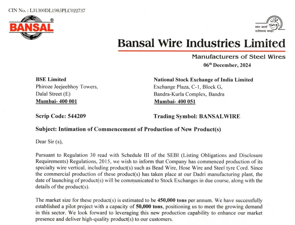 nid_rockz's tweet image. Bansal Wire
#BansalWire

Commenced production of its specialty wire vertical such as bead wire,hose wire and steel tyre cord 

Mkt size of 4,50,000 tpa
50,000 tpa capacity of Bansal pilot project