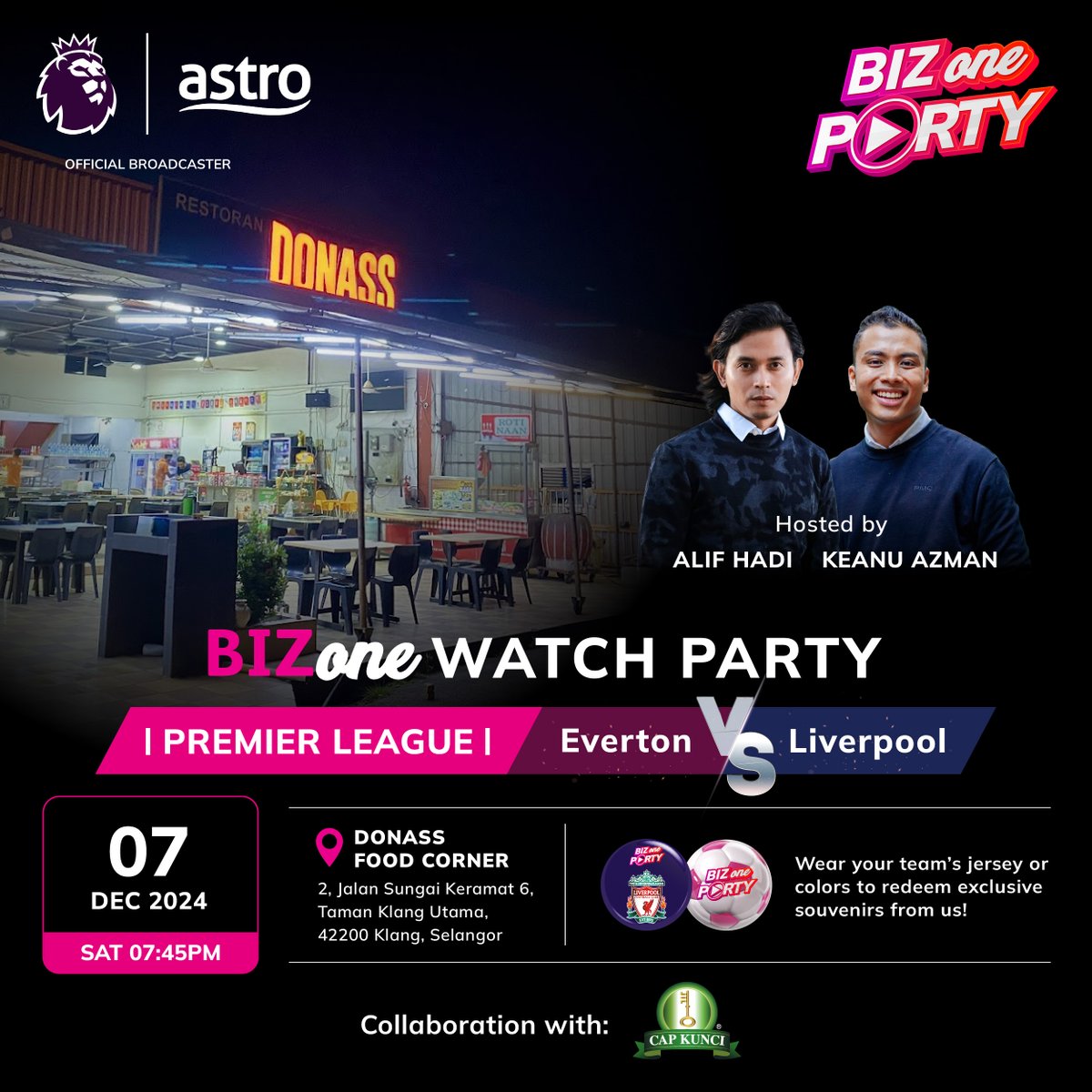 astroonline's tweet photo. Get ready for the ultimate #BizOne #WatchParty! 🙌 Watch Everton vs. Liverpool LIVE on the big screen, get FREE drinks from Astro Biz and tasty snacks from Cap Kunci for the first 300 Astro customers! https://t.co/9hqxS9KCXC