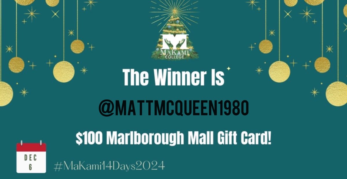 MaKamiCollege's tweet photo. It’s time to announce the Day 6 Winner for the MaKami College 14 days of Christmas Giveaways!
Today’s prize goes to @mattmcqueen1980 ! Congratulations! You have won a $100 Marlborough Mall Gift Card!
#makamicollege #winwithmakami #marlboroughmall #winner #contests #makami https://t.co/fWzEWY3Vy8