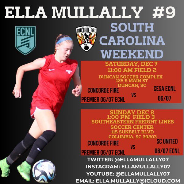 EllaMullally07's tweet photo. Heading to South Carolina this weekend! Let’s go!! 🔥 

@CF06PremierECNL @ConcordePremier @ConcordeSoccer @PrepSoccer @ImYouthSoccer @TopDrawerSoccer  @ECNLgirls @ECNLSoutheast https://t.co/xQJikyVScD