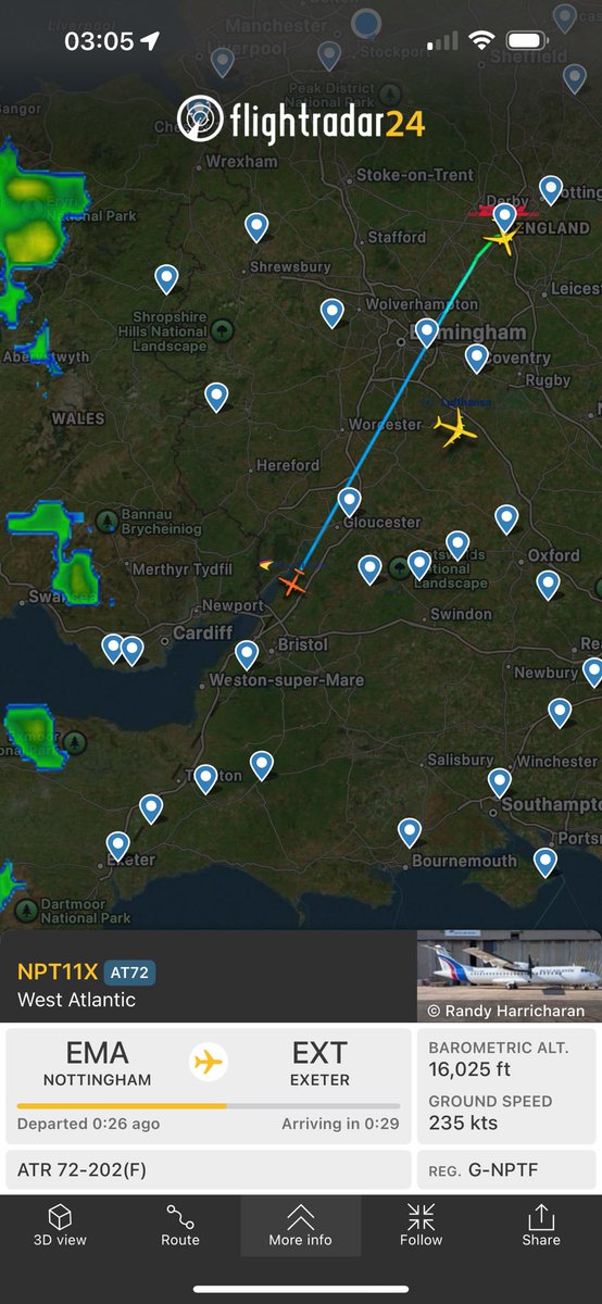 iFlightSim's tweet photo. Keeping a close eye on this West Atlantic ATR-72, heading into Exeter. Could be a tricky landing for the flight crew. 

#StormDarragh https://t.co/Ecpw0ktgpu