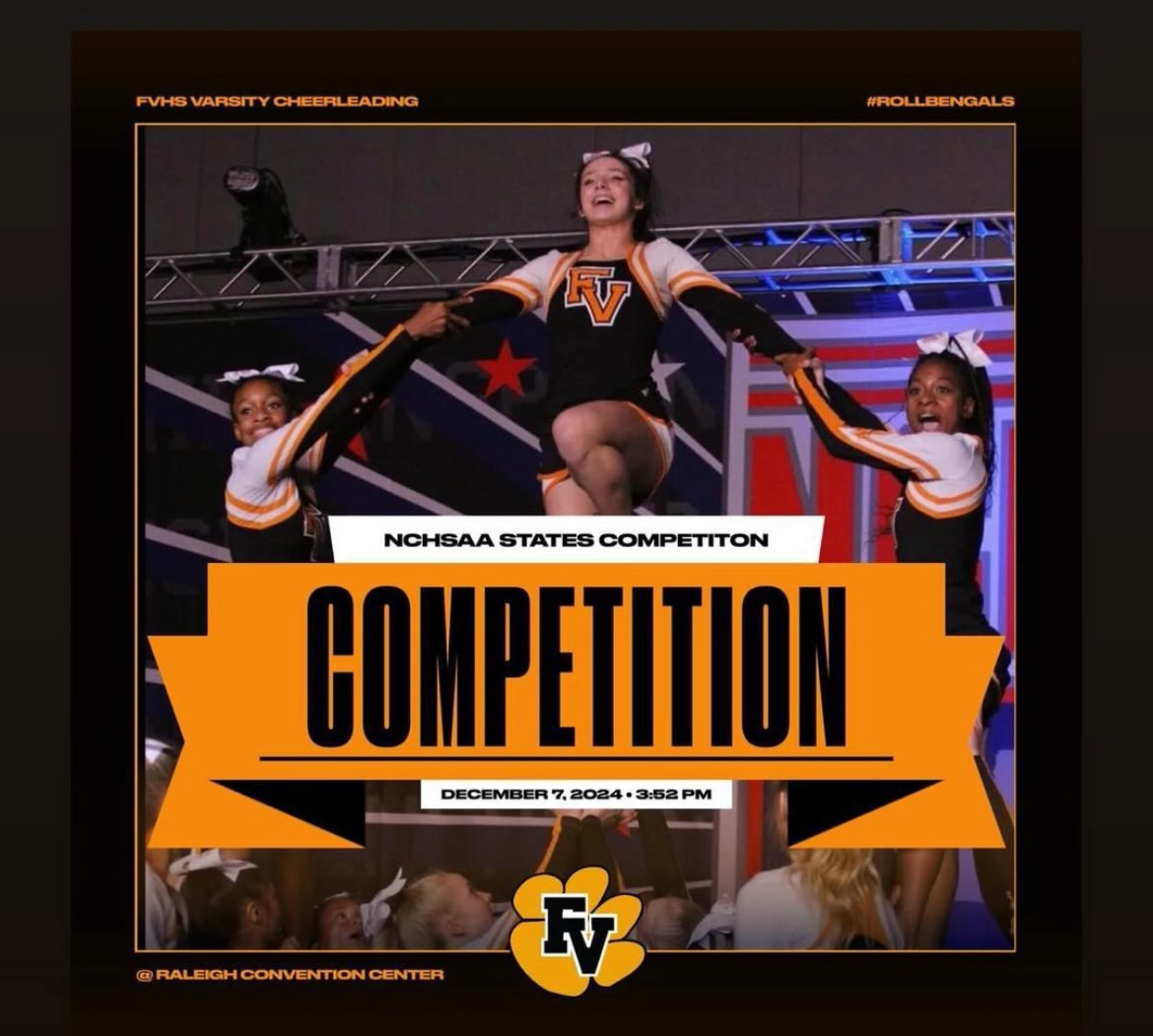 Competition Weekend!

So excited to be competing at the Raleigh Convention Center on Saturday at the  NCHSAA States Invitational!  

Varsity All Girl Medium Division <a href="/3/">Blair</a>:58pm!  

#RollBengals!

<a href="/fvhsbengals/">FVHS Athletics</a>