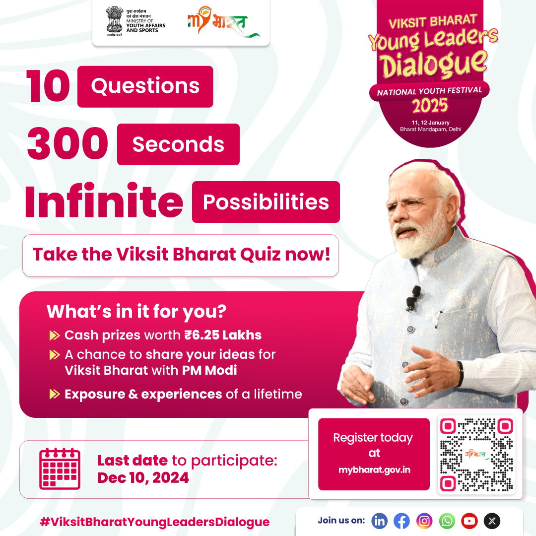 mybharatgov's tweet photo. Open doors to infinite possibilities with just one small step. The Viksit Bharat Quiz is more than just a competition, it’s your gateway to making a real difference.  

Register on #MYBharat to participate. Visit https://t.co/pLK1APx8LR  

#VBYLD #NYF2025 https://t.co/BHuQApe7Ji