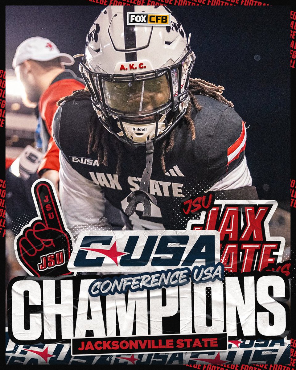 FOX College Football (@cfbonfox) on Twitter photo C-USA CHAMPIONS ππ
<a href="/JaxStateFB/">Jax State Football</a> football dominates WKU and earns its first-ever <a href="/ConferenceUSA/">Conference USA</a> Championship victory πͺ C-USA CHAMPIONS ππ
<a href="/JaxStateFB/">Jax State Football</a> football dominates WKU and earns its first-ever <a href="/ConferenceUSA/">Conference USA</a> Championship victory πͺ
