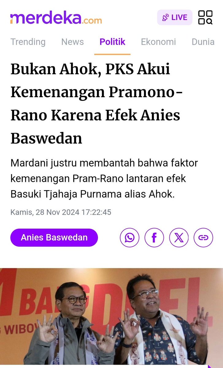 GunRomli's tweet photo. Msh aja narasi PKS ini mau memecah belah pendukung Anies &amp; Ahok. Pdhal semua berkontribusi kemenangan Mas Pram Bang Doel, juga "gol bunuh diri" kader PKS, Suswono yg menyamakan Nabi Muhammad dgn pemuda nganggur https://t.co/8QMCWSPq2C