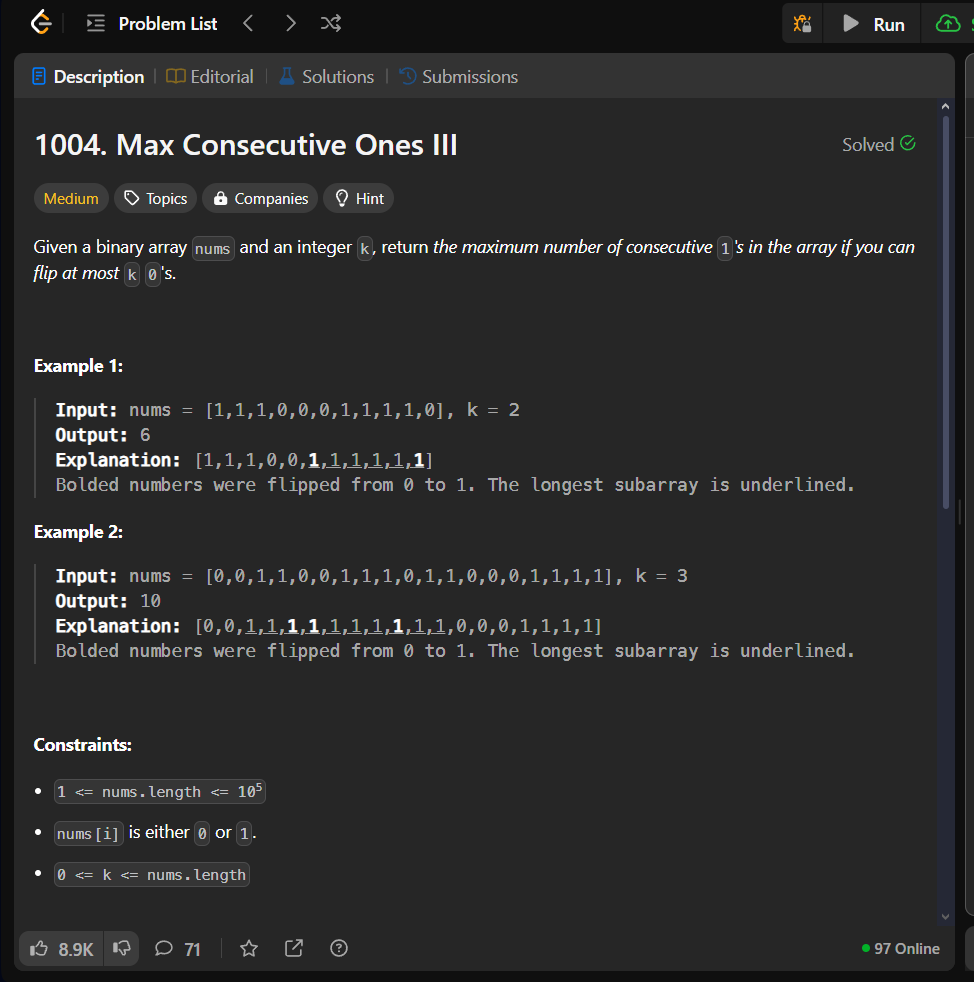 starlet_dev_'s tweet photo. 🔥Problem : Max Consecutive Ones III

Mastering sliding window problems, one challenge at a time! 🚀 Debugged this tricky algorithm to find the longest subarray of 1's with at most k flips. 💻✨
#CodingJourney #LeetCodeChallenge https://t.co/jJUuNgLK5h