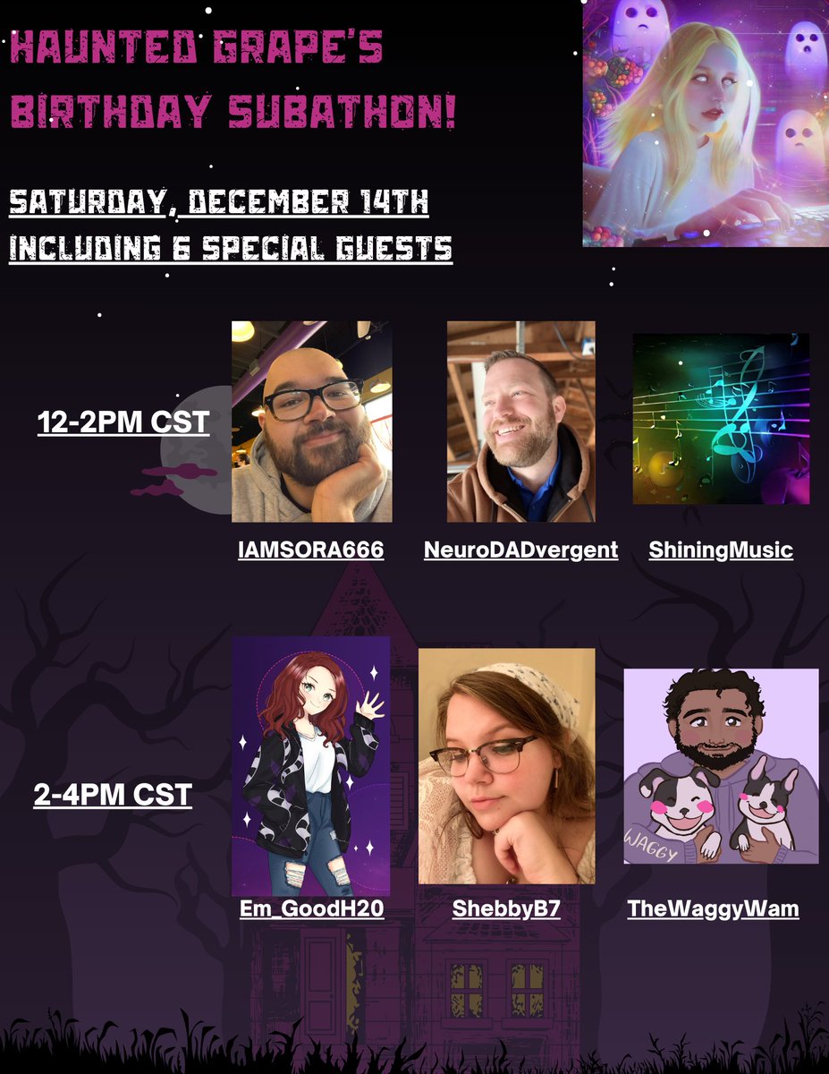 HauntedGrape's tweet photo. Friends! My birthday is almost here, soooo let's celebrate with a lil subathon! I will be live on the purple app on Saturday, 12/14 at 10am CST!! We are also going to be joined by some awesome friends! Hope to see you there!! https://t.co/ROrMc2UTsk