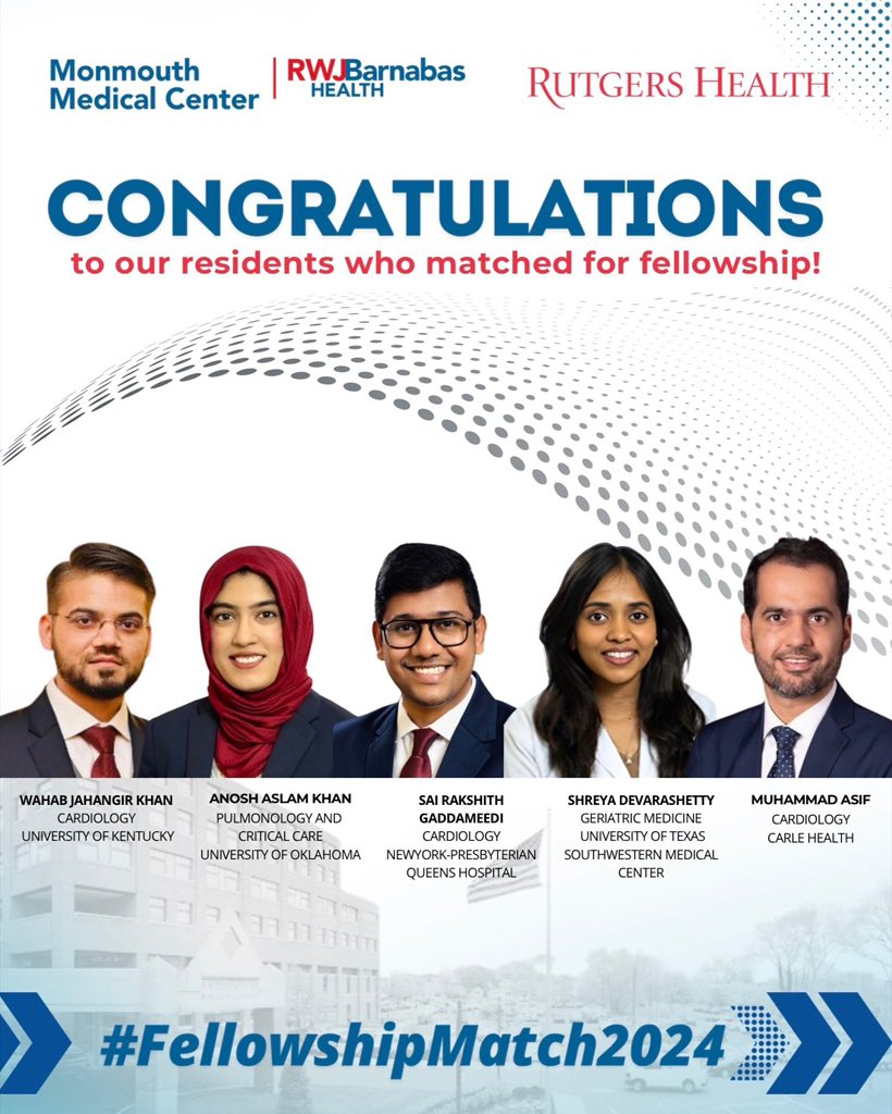 Congratulations to our residents who matched for Fellowship! 💙❤️ Your dedication and hard work have paid off and we are all so proud of you! Good luck on your future endeavors. Continue to defy gravity and soar high. 

#Monmouth #InternalMedicine #IM #IMG #FellowshipMatch2024
