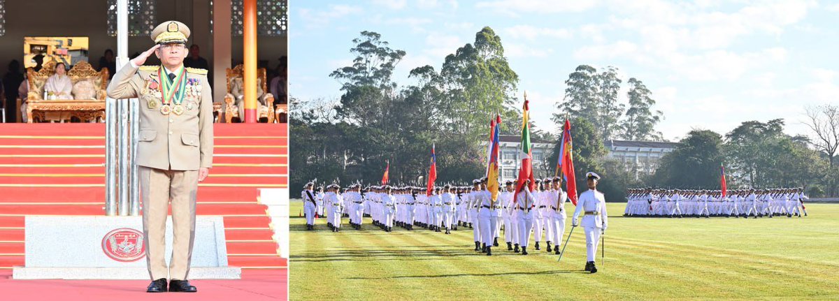 BaHmann2000's tweet photo. Chairman of State Administration Council Commander-in-Chief of Defence Services Senior General Thadoe Maha Thray Sithu Thadoe Thiri Thudhamma Min Aung Hlaing addresses Passing-out Parade of the 66th  Intake of Defence Services Academy.
#WhatsHappeningInMyanmar
#DSA https://t.co/Q4xfHUnqls