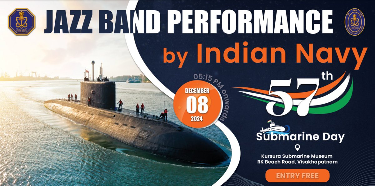 IN_HQENC's tweet photo. #MaritiimeAwareness
Ⓙⓐⓩⓩ Ⓑⓐⓝⓓ 
🎷 Join us for an unforgettable evening!  

This #SubmarineDay #08Dec brings the magic of our Jazz Band Performance to  #Vizag.

A must see addition to RK Beach's attractions only for this Sunday...

📍 Kursura Submarine Museum, #Visakhapatnam

🗓  Sunday, December 8, 2024. #sundayvibes

⏰  5:15 PM

🌊 Experience a varied flavour of maritime heritage 👇
 
🎺 Captivating music

🎸Intriguing trivia about the Silent Arm

🎧Tales of the Sharks of Steel

🎶 Special #Telugu tracks to add to the celebration!  

ENTRY FREE...
This is your open invite!!

Don’t miss this maritime extravaganza!  
 #SubmarineArm
