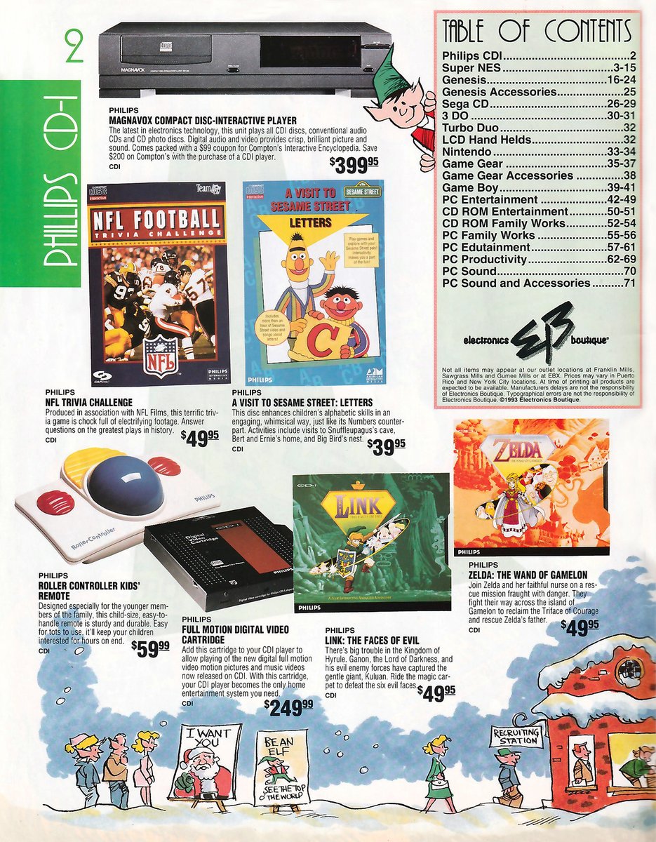 SpriteCell's tweet photo. The Zelda CD-i games being advertised, "The Rayman" for Jaguar with  not-final box art, get a free Cabbage Patch Kid or college scholarship with a Coleco purchase, and four systems for sale at Toys "R" Us. https://t.co/QVsloZkmTt