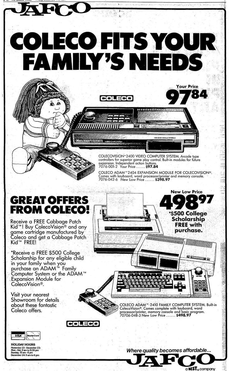 SpriteCell's tweet photo. The Zelda CD-i games being advertised, "The Rayman" for Jaguar with  not-final box art, get a free Cabbage Patch Kid or college scholarship with a Coleco purchase, and four systems for sale at Toys "R" Us. https://t.co/QVsloZkmTt