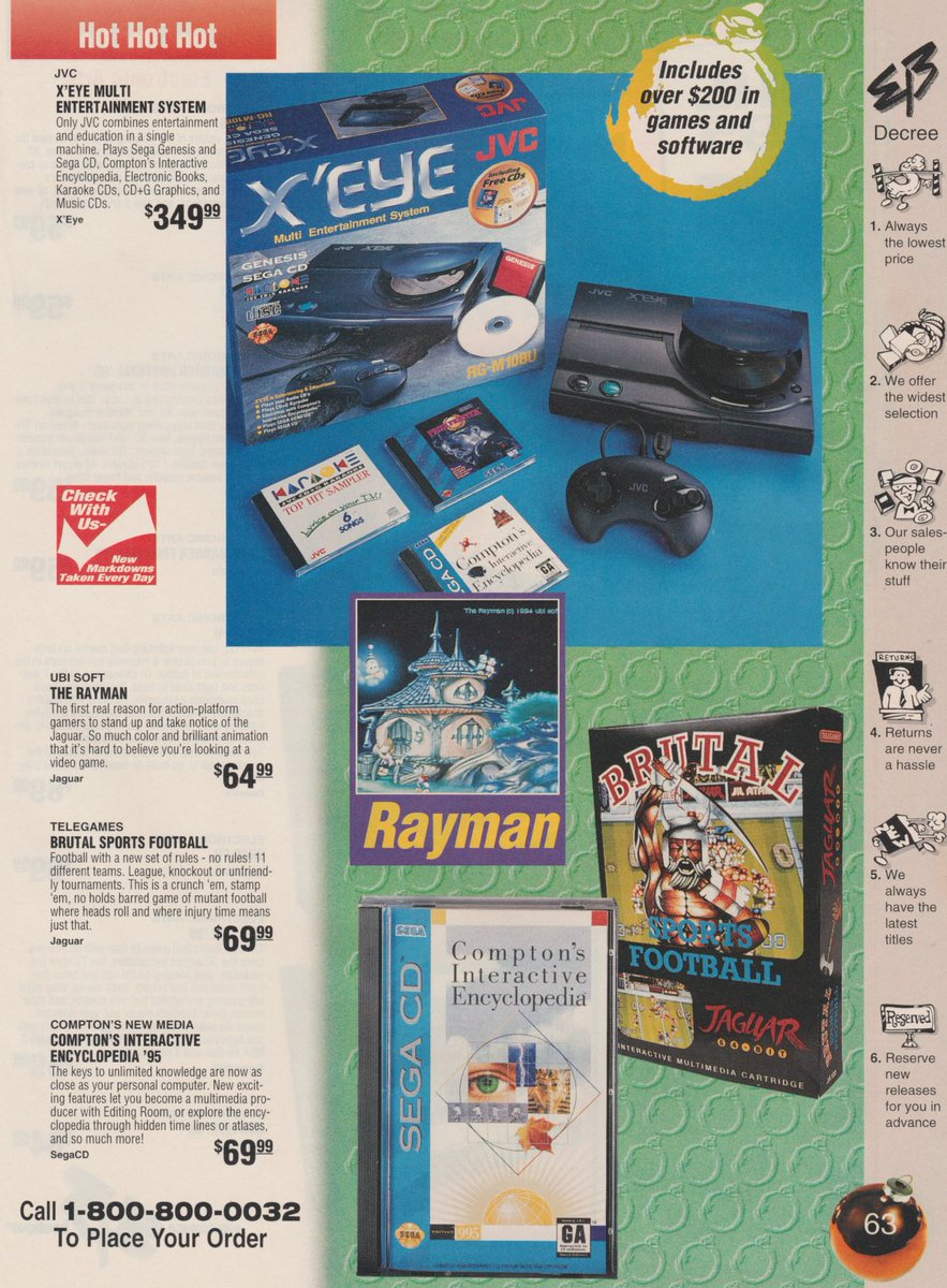 SpriteCell's tweet photo. The Zelda CD-i games being advertised, "The Rayman" for Jaguar with  not-final box art, get a free Cabbage Patch Kid or college scholarship with a Coleco purchase, and four systems for sale at Toys "R" Us. https://t.co/QVsloZkmTt