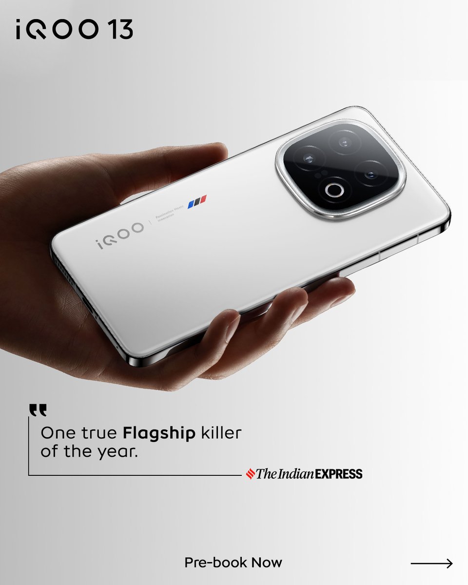 IqooInd's tweet photo. “One true Flagship killer of the year” —as stated by @IndianExpress 🏆

The #iQOO13 delivers powerful performance, a stunning display, and flagship camera. Powered with the Snapdragon 8 Elite*, it stands as India's Fastest Smartphone. Ever*—a seamless blend of speed, style, and innovation.

Pre-booking has started on @amazonIN and https://t.co/iqeQgBru5T.

Are you ready to experience the future? 🔥

*Snapdragon is a product of Qualcomm Technologies Inc. and/or its subsidiaries.
*iQOO 13 is the fastest smartphone, based on the AnTuTu score tested on 16 + 512 GB variants,as of its launch date.

#iQOO13 #AmazonSpecials #BeTheGOAT #BMWMotorsport