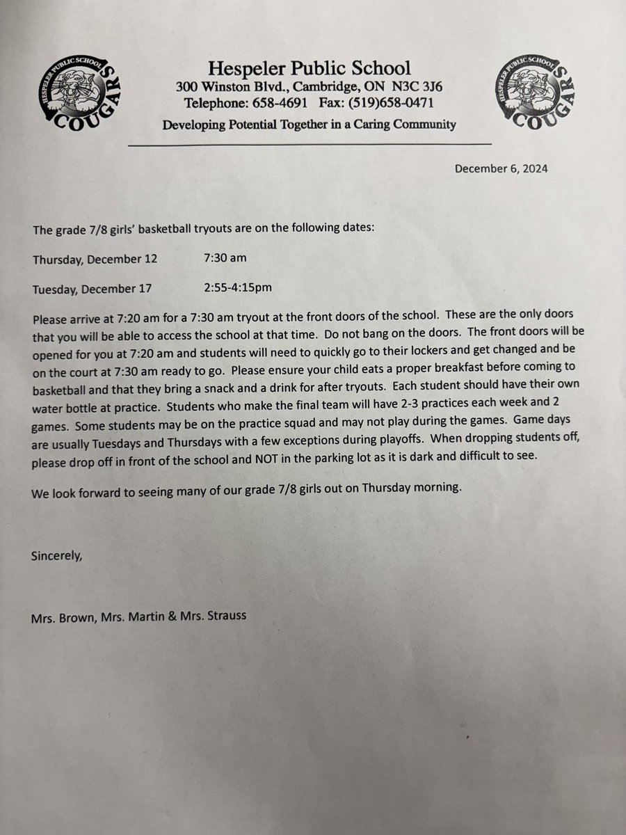 HPSPhysEd's tweet photo. Senior grade 7/8 boys’ and girls’ basketball tryouts begin in the coming week. Please see the attached photos for the dates. https://t.co/zwxLASK4RH
