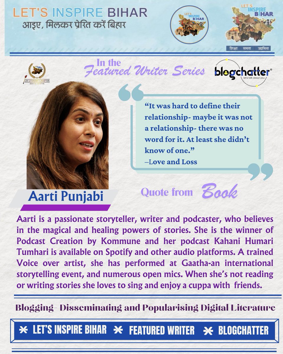 LIBLiterary's tweet photo. In the Special #FeaturedWriterSeries
“Blogging- Disseminating and Popularising Digital Literature”
Presenting the featured #Writer Aarti Punjabi and her thoughts.
@blogchatter @richa_singh
Book Link-
https://t.co/1hxaJEywk9
@lib_central
@vikasvaibhavips https://t.co/ZdHAAUkju2
