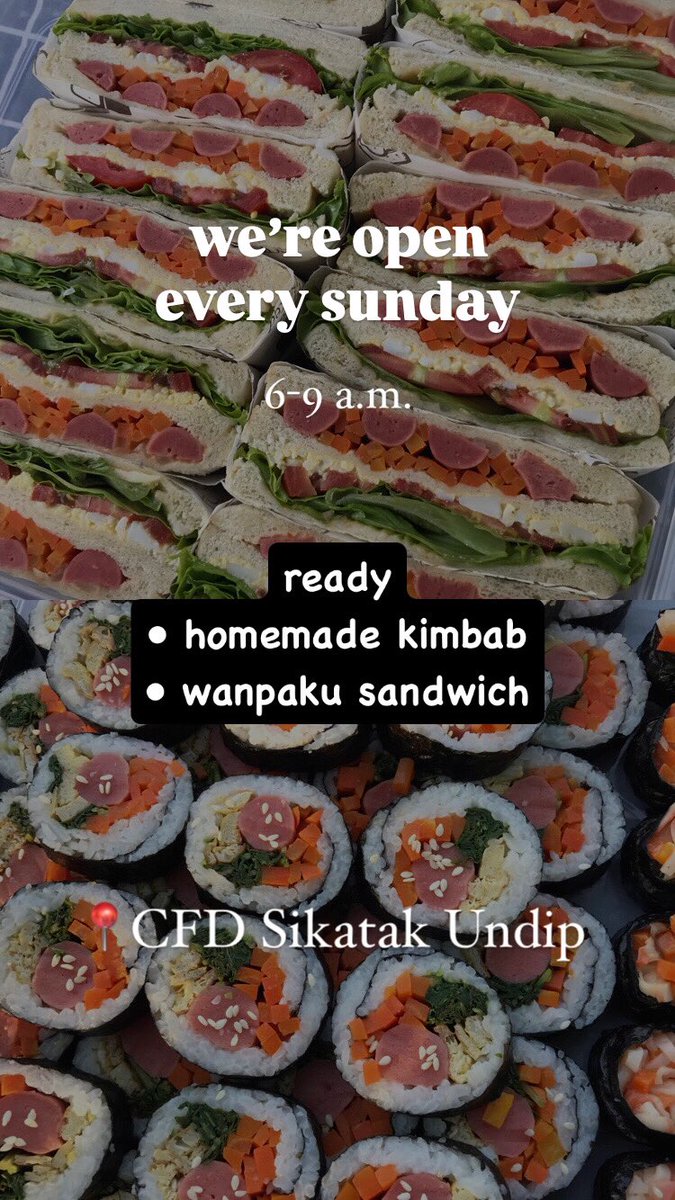 homemadebyher's tweet photo. Hi fellas! Kita jual homemade kimbab (2k) dan wanpaku sandwich (6k) ajaa.

Ready besok Minggu jam 6 pagi di CFD Sikatak UNDIP (depan oppa fried chicken). Jangan lupa ramein tenant kita yaa, we’ll see u tomorrow🫶🏻 https://t.co/dV2OuCsQte