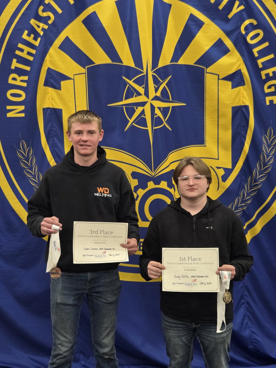 Congrats to Cooper Eschen and Brady Hartke for placing 1st and 3rd today in the first annual NICC/SkillsUSA welding competition in Peosta. The top 15 students qualified for the statr competition in Ankeny.  #WDHawks #WDCareerReady